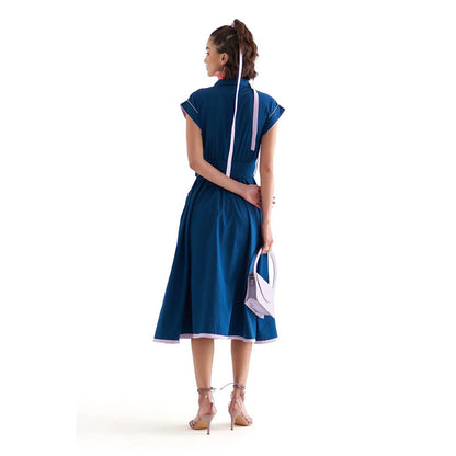 Our Love Blue Cotton Twill And Schiffli Embroidered Midi Dress With Belt (Set of 2)