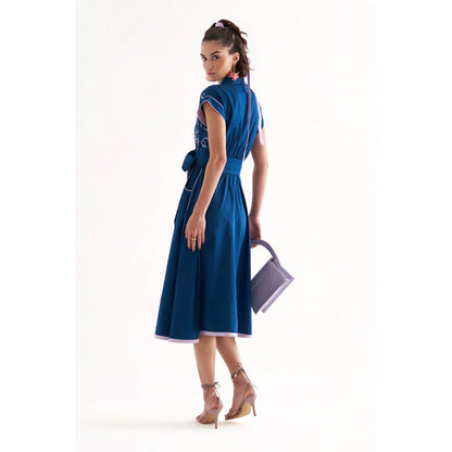 Our Love Blue Cotton Twill And Schiffli Embroidered Midi Dress With Belt (Set of 2)