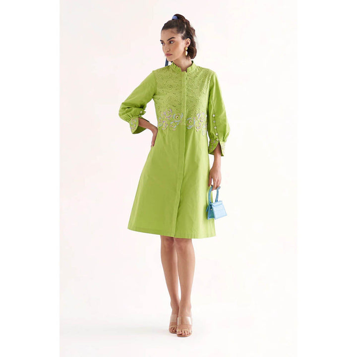 Our Love Estelle Lime Green Cotton Embroidered Knee Length Dress