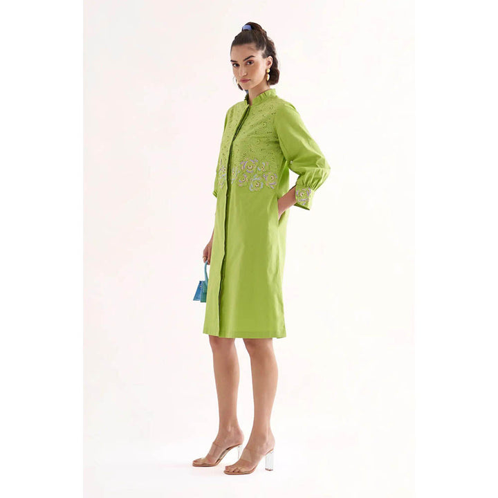Our Love Estelle Lime Green Cotton Embroidered Knee Length Dress