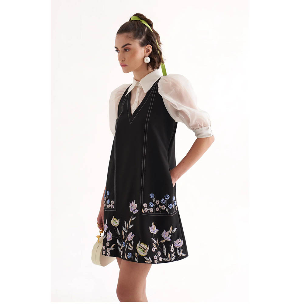 Our Love Marcella Black Banana Crepe Embroidered Mini Short Dress