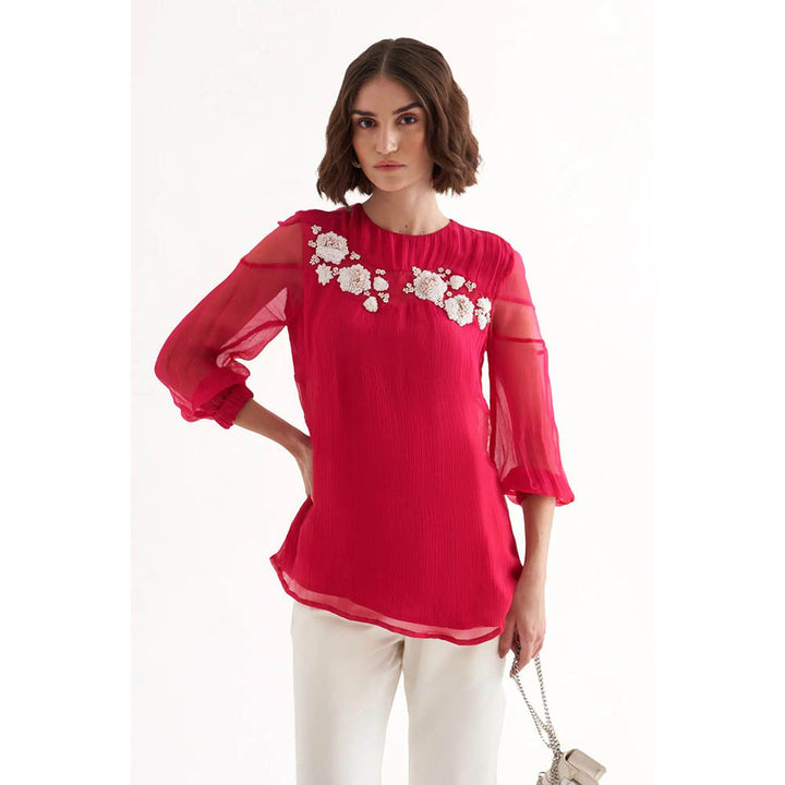 Our Love Myla Fuchsia Crinkle Chiffon Embroidered Top