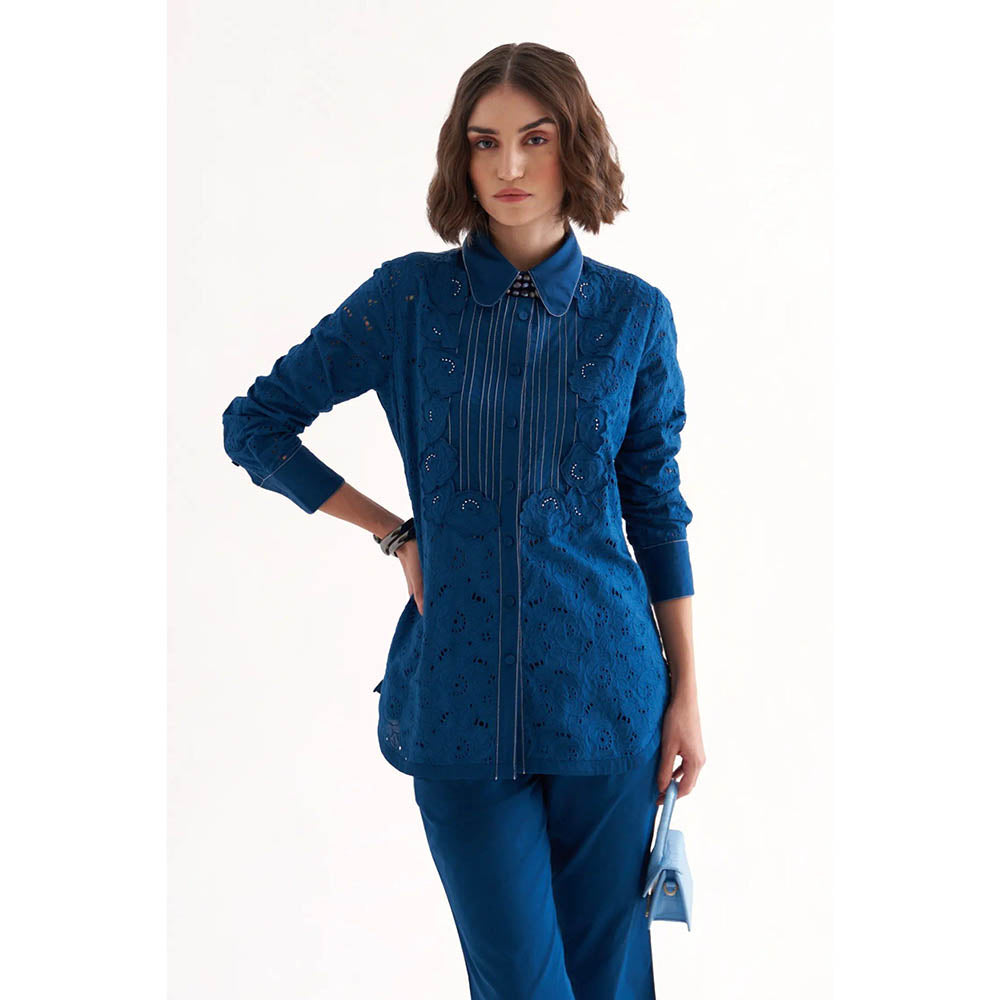 Our Love Razz Persian Blue Cotton Twill And Schiffli Embroidered Shirt
