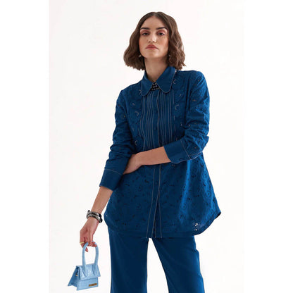 Our Love Razz Persian Blue Cotton Twill And Schiffli Embroidered Shirt