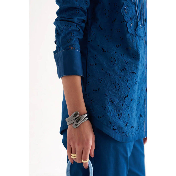 Our Love Razz Persian Blue Cotton Twill And Schiffli Embroidered Shirt