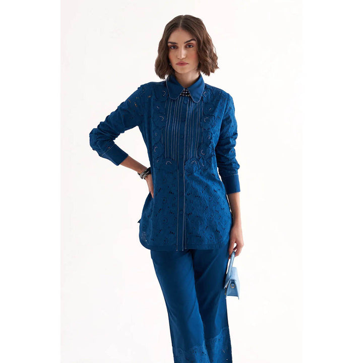 Our Love Razz Persian Blue Cotton Twill And Schiffli Embroidered Shirt