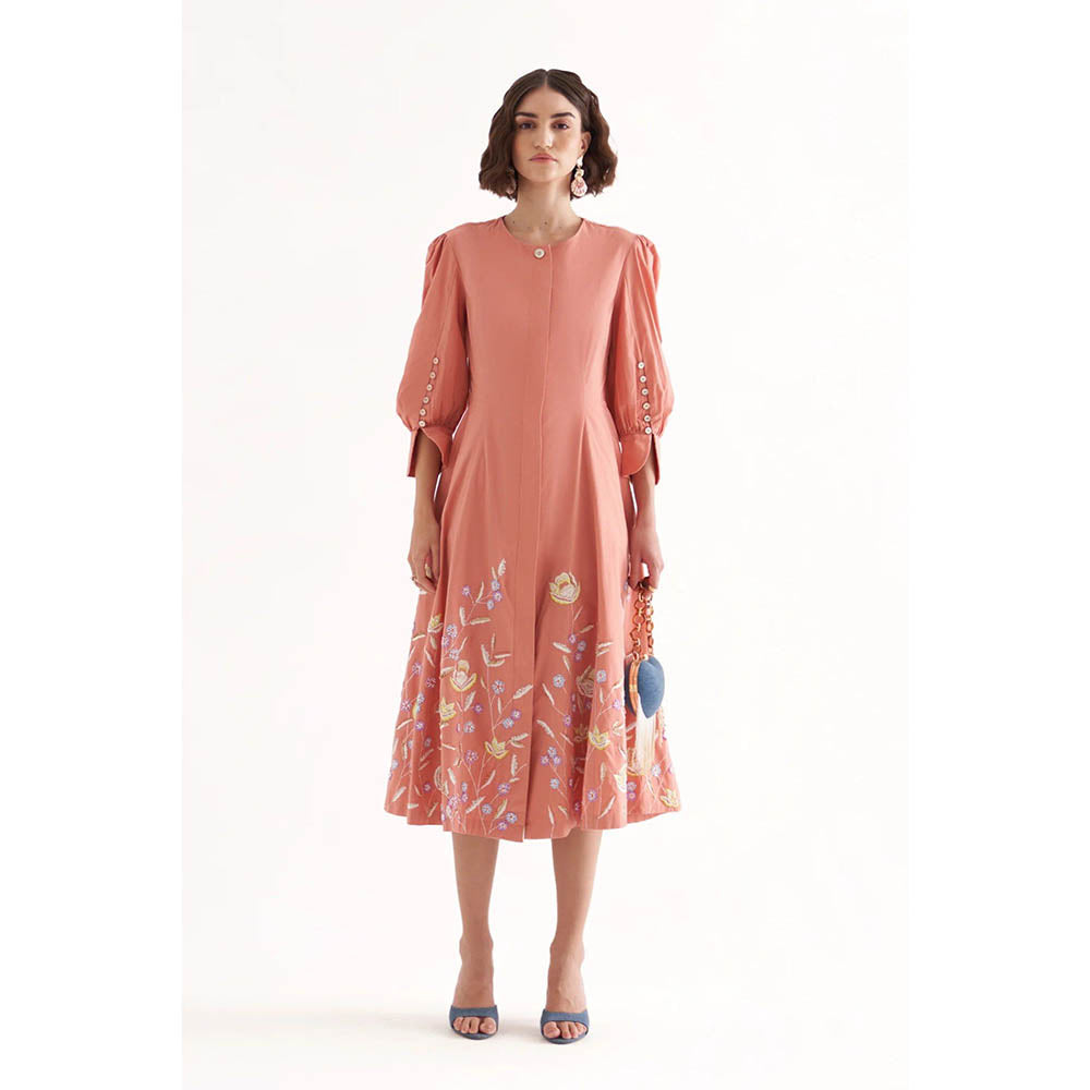 Our Love Saint Lipstick Pink Cotton Embroidered Midi Dress