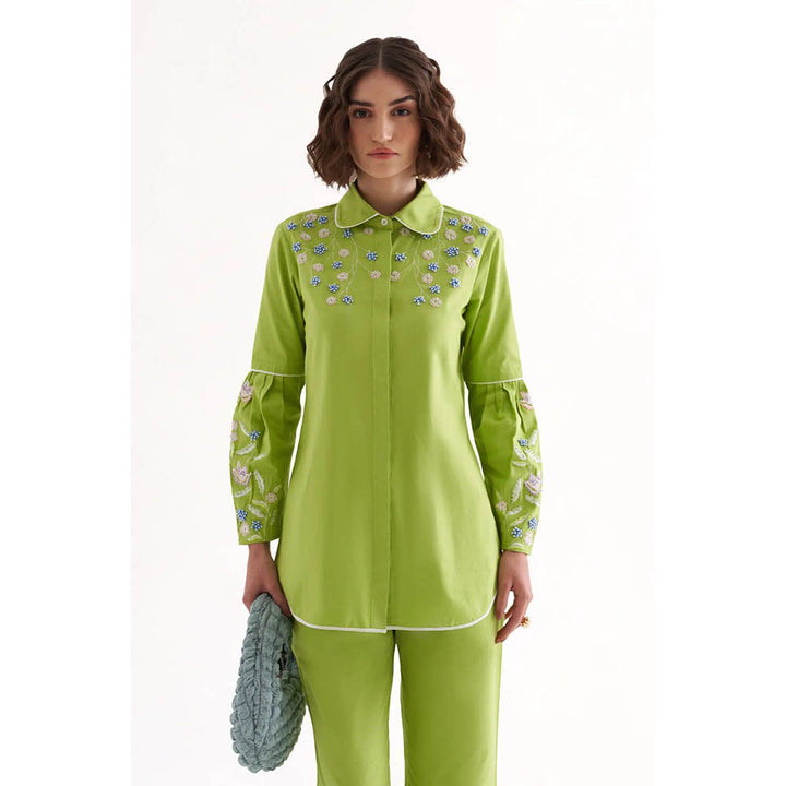 Our Love Shae Lime Green Cotton Embroidered Shirt