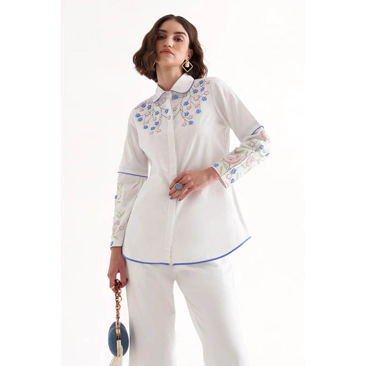 Our Love Shae White Cotton Satin Embroidered Shirt