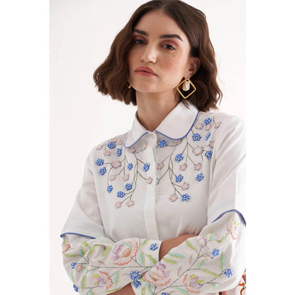 Our Love Shae White Cotton Satin Embroidered Shirt