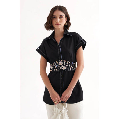 Our Love Babe Cotton Satin Black Shirt With Embroidered Belt (Set of 2)