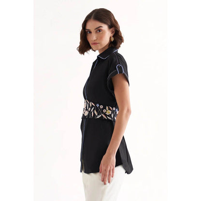 Our Love Babe Cotton Satin Black Shirt With Embroidered Belt (Set of 2)