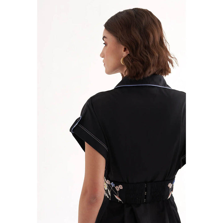 Our Love Babe Cotton Satin Black Shirt With Embroidered Belt (Set of 2)