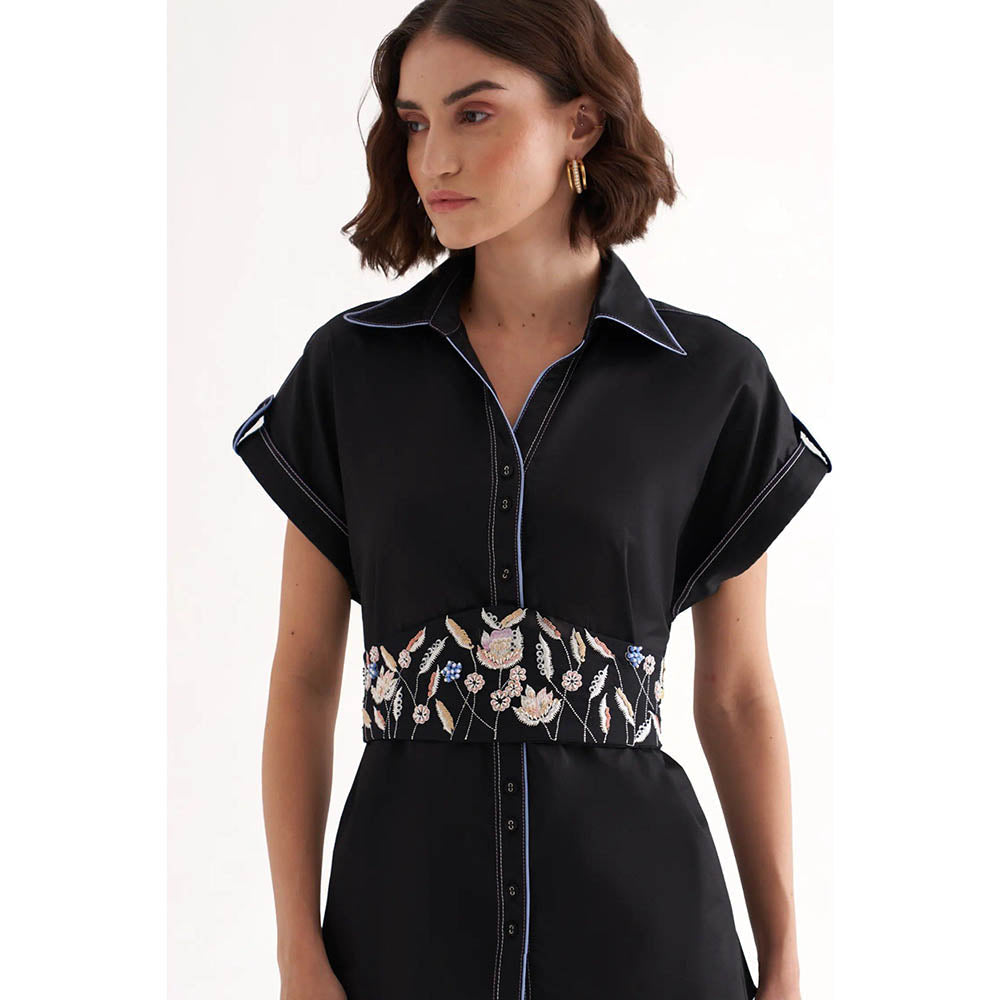 Our Love Babe Cotton Satin Black Shirt With Embroidered Belt (Set of 2)