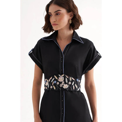 Our Love Babe Cotton Satin Black Shirt With Embroidered Belt (Set of 2)