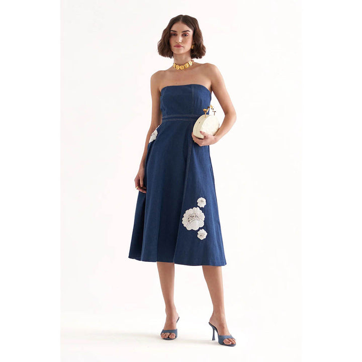 Our Love Bussing Denim Tube Embroidered Midi Dress