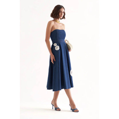 Our Love Bussing Denim Tube Embroidered Midi Dress