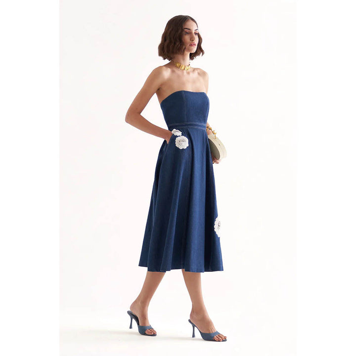 Our Love Bussing Denim Tube Embroidered Midi Dress