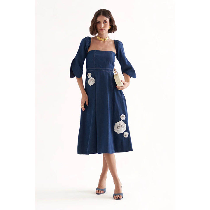 Our Love Bussing Denim Tube Embroidered Midi Dress With Detachable Sleeves