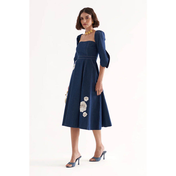 Our Love Bussing Denim Tube Embroidered Midi Dress With Detachable Sleeves