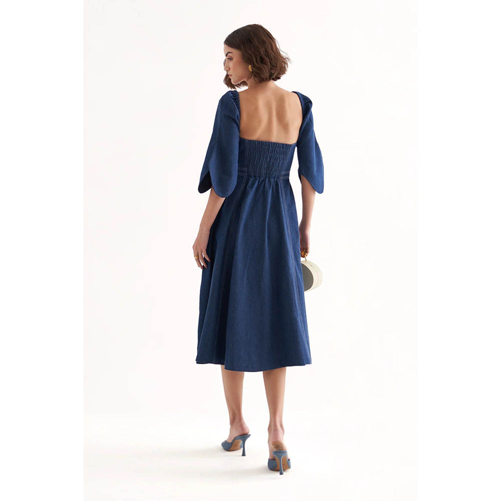 Our Love Bussing Denim Tube Embroidered Midi Dress With Detachable Sleeves