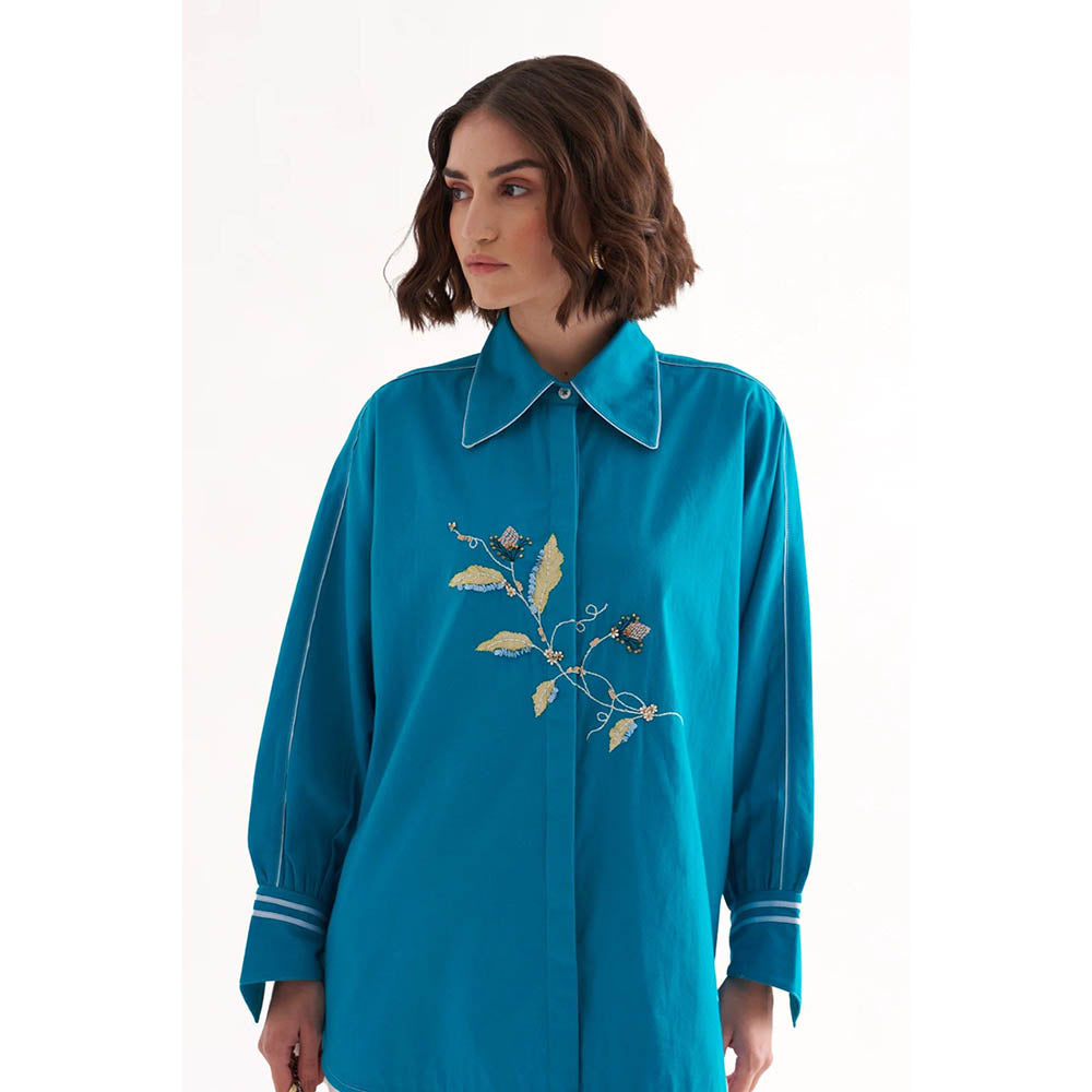 Our Love Roseate Cotton Turquoise Embellished/Sequined Shirt