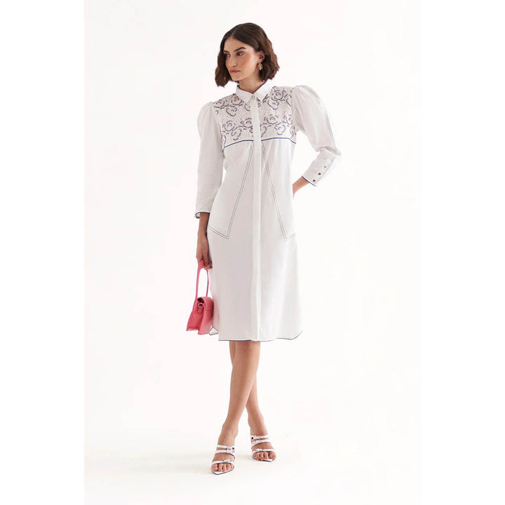 Our Love Claire Cotton Satin And Schiffli White Embroidered Knee Length Dress