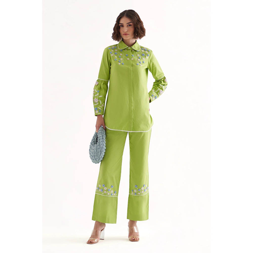 Our Love Shae Lime Green Cotton Embroidered Shirt & Pant (Set of 2)
