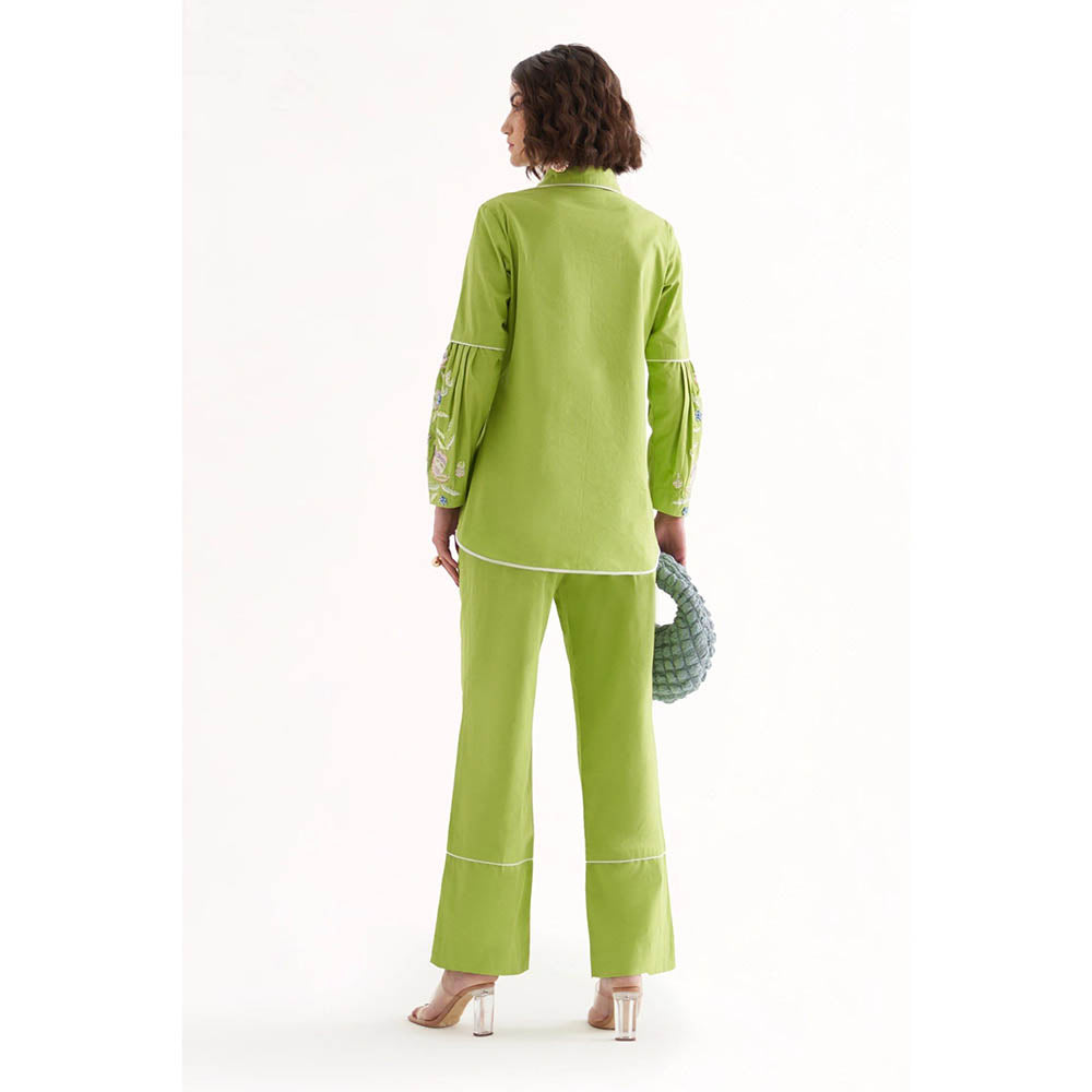 Our Love Shae Lime Green Cotton Embroidered Shirt & Pant (Set of 2)