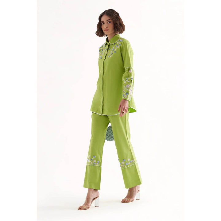 Our Love Shae Lime Green Cotton Embroidered Shirt & Pant (Set of 2)