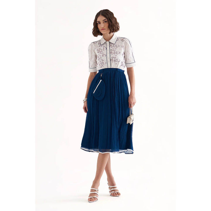 Our Love Bekki White Schiffli Embroidered Shirt With Drip Crinkle Chiffon Skirt (Set of 2)