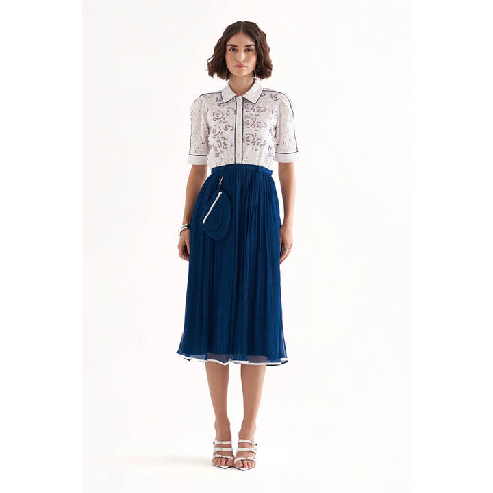 Our Love Bekki White Schiffli Embroidered Shirt With Drip Crinkle Chiffon Skirt (Set of 2)
