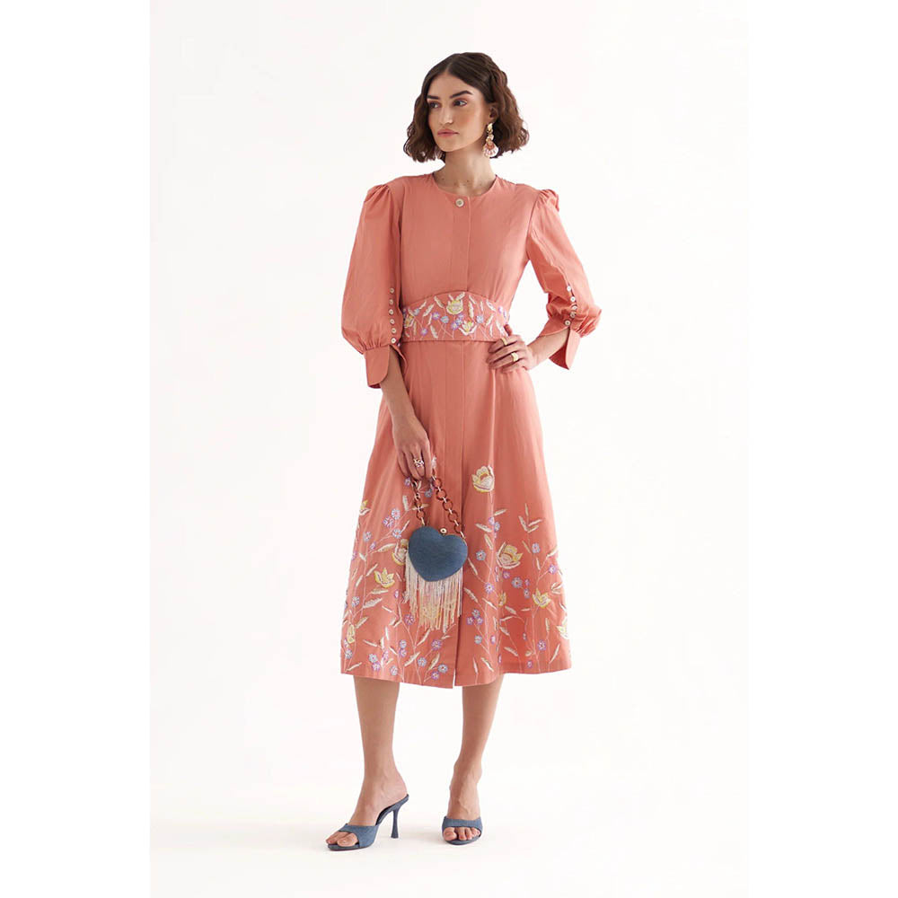 Our Love Saint Lipstick Pink Cotton Embroidered Midi Dress With Belt (Set of 2)