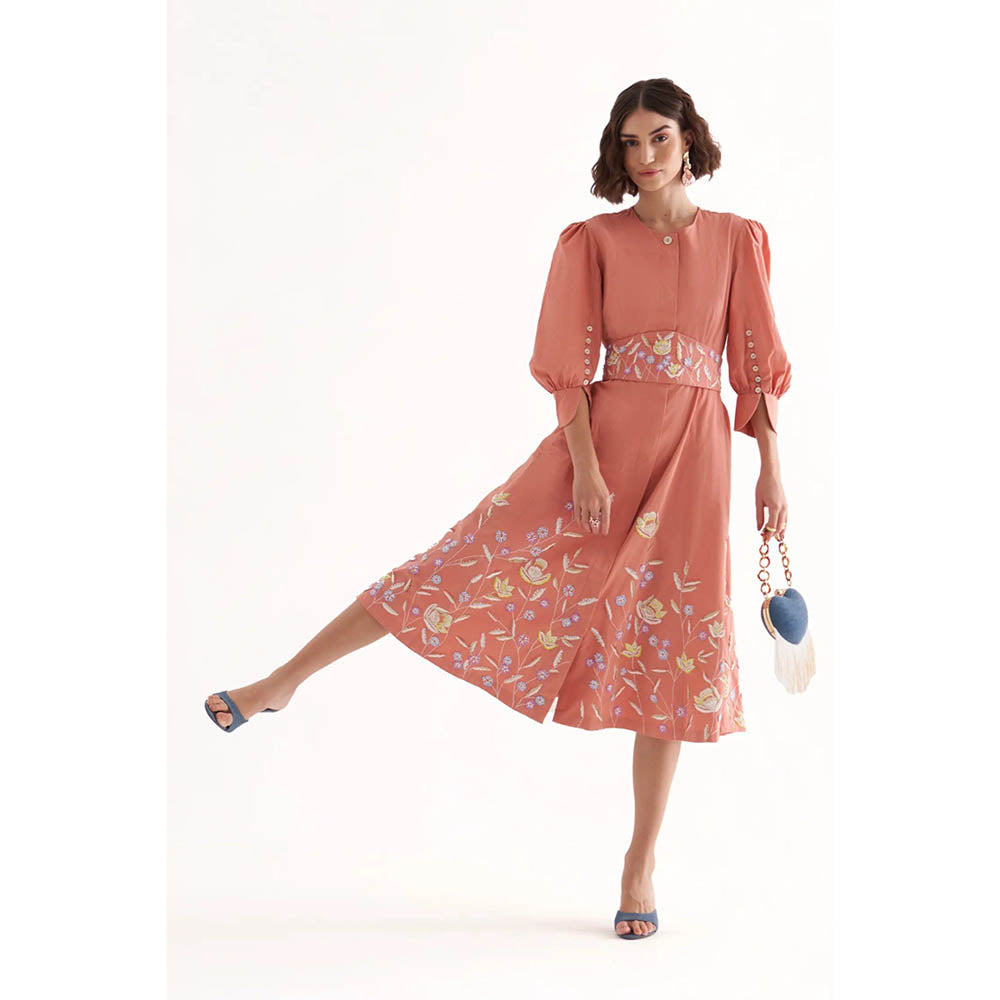 Our Love Saint Lipstick Pink Cotton Embroidered Midi Dress With Belt (Set of 2)