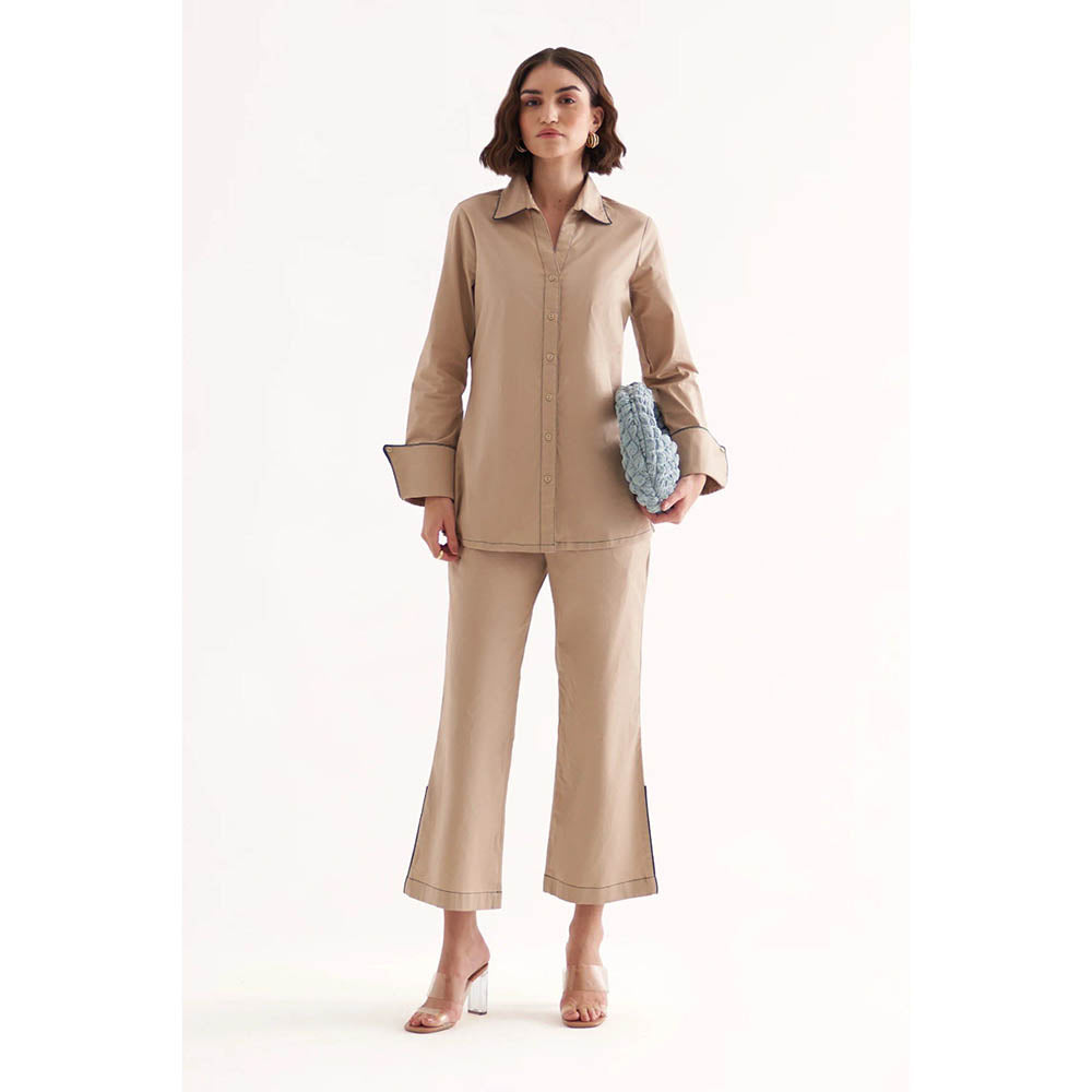 Our Love Pandora Cotton Satin Khaki Shirt And Pant (Set of 2)