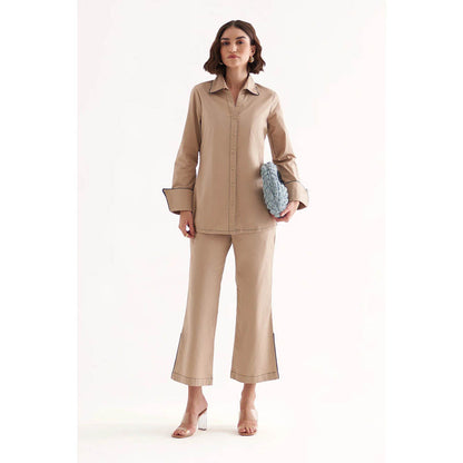 Our Love Pandora Cotton Satin Khaki Shirt And Pant (Set of 2)