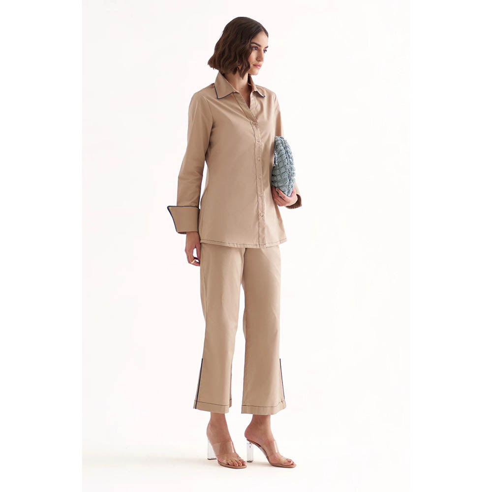 Our Love Pandora Cotton Satin Khaki Shirt And Pant (Set of 2)