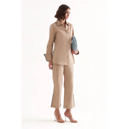 Our Love Pandora Cotton Satin Khaki Shirt And Pant (Set of 2)