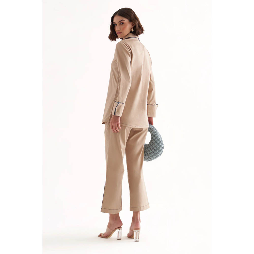 Our Love Pandora Cotton Satin Khaki Shirt And Pant (Set of 2)