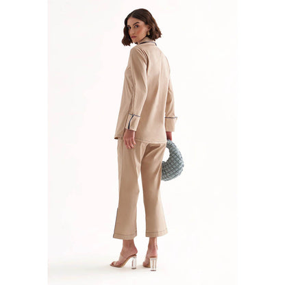 Our Love Pandora Cotton Satin Khaki Shirt And Pant (Set of 2)