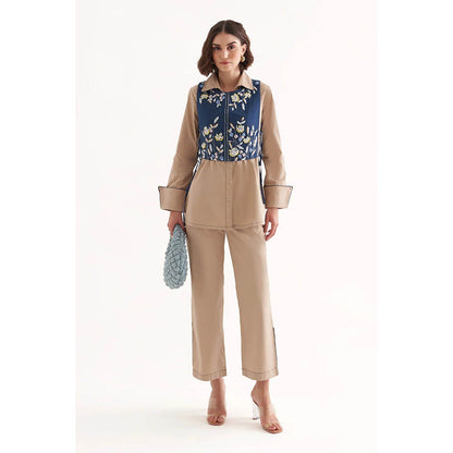 Our Love Pandora Cotton Satin Khaki Shirt And Pant With Denim Jacket (Set of 3)