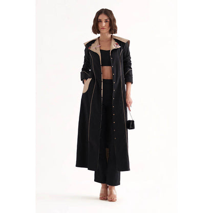 Our Love Cray Cotton Satin Black Crop Top And Pants With Embroidered Trench Coat (Set of 3)