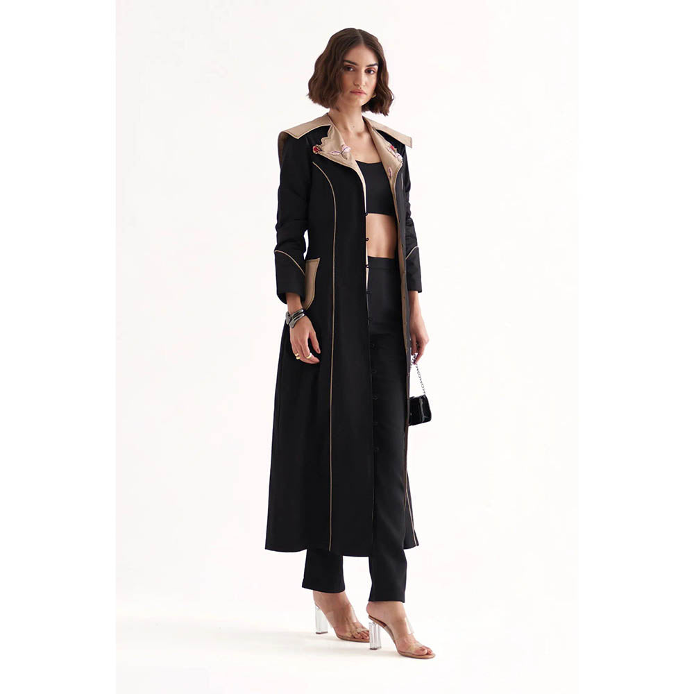 Our Love Cray Cotton Satin Black Crop Top And Pants With Embroidered Trench Coat (Set of 3)