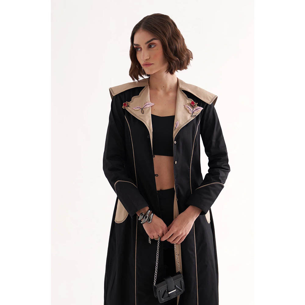 Our Love Cray Cotton Satin Black Crop Top And Pants With Embroidered Trench Coat (Set of 3)