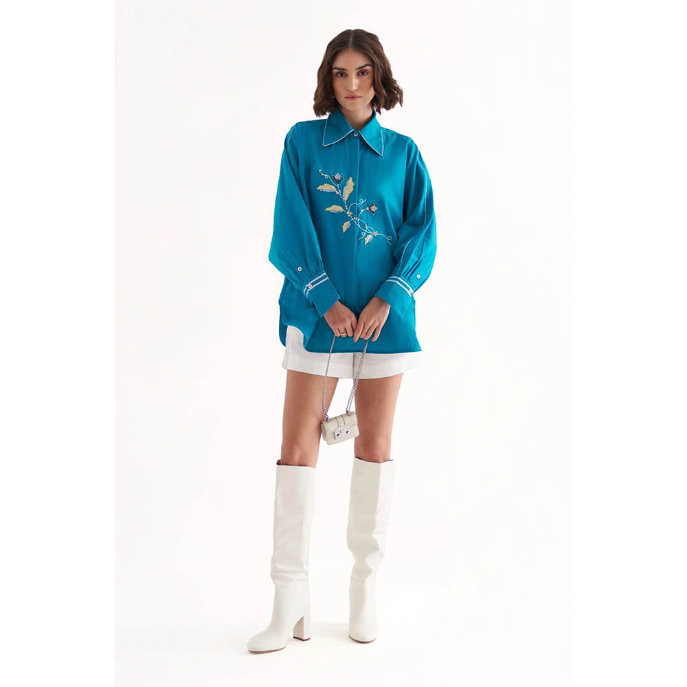 Our Love Roseate Cotton Turquoise Embroidered Shirt With White Shorts (Set of 2)