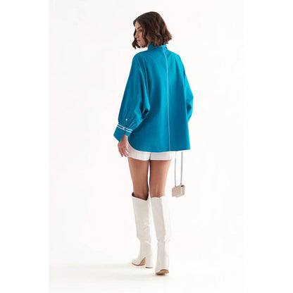 Our Love Roseate Cotton Turquoise Embroidered Shirt With White Shorts (Set of 2)