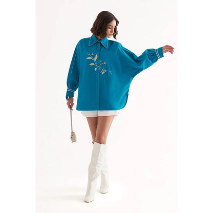 Our Love Roseate Cotton Turquoise Embroidered Shirt With White Shorts (Set of 2)