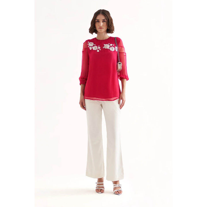 Our Love Myla Fuchsia Crinkle Chiffon Embroidered Top With White Banana Crepe Pants (Set of 2)