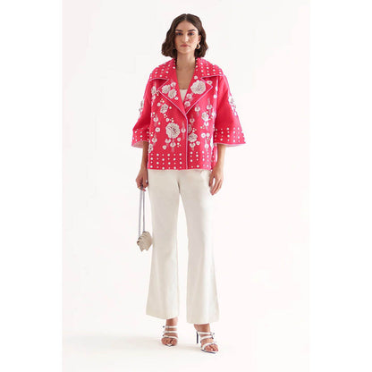 Our Love Emily Banana Crepe Fuchsia Jacket With White Pants (Set of 2)