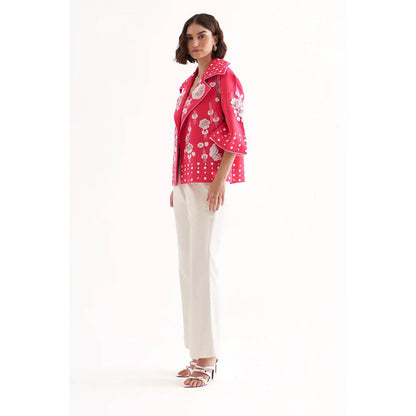 Our Love Emily Banana Crepe Fuchsia Jacket With White Pants (Set of 2)